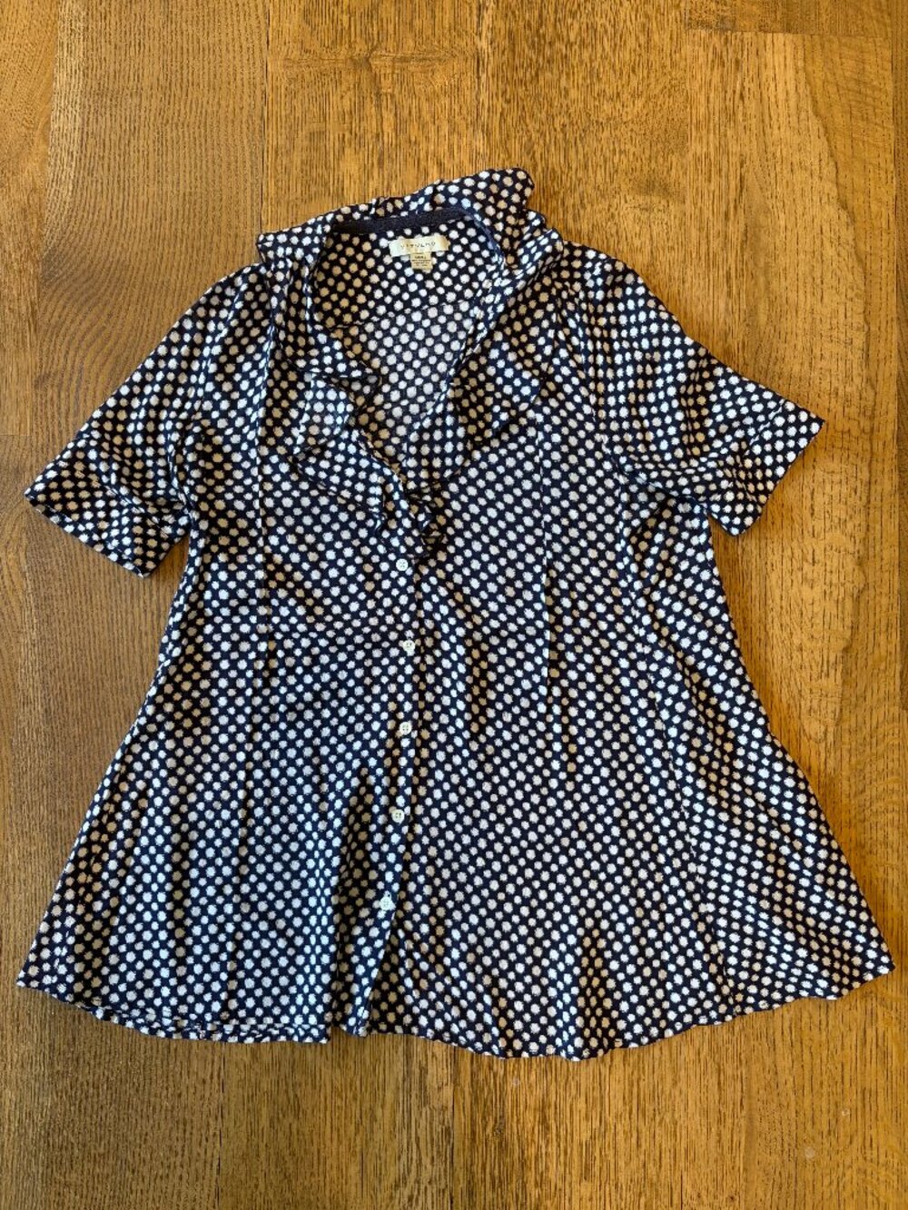 Anthropologie Navy Polka Dot Buttondown Tunic Blouse